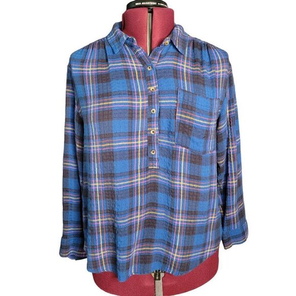 Anthropologie Blue Motif Plaid Shirt (Size LP) - Picture 1 of 7